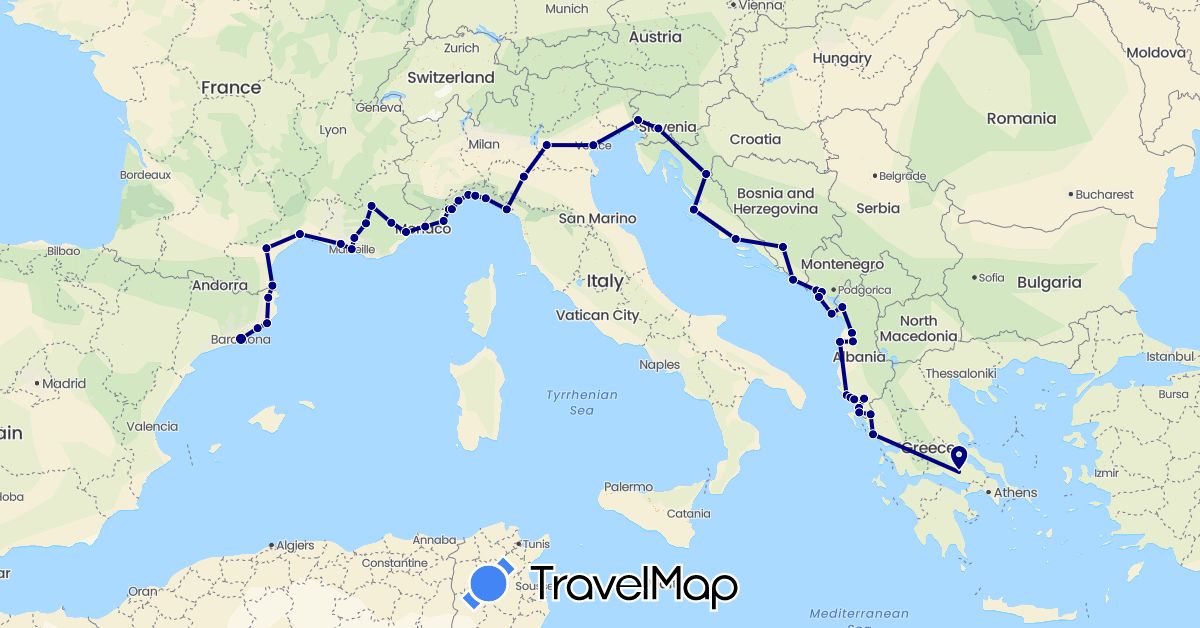 TravelMap itinerary: driving in Albania, Bosnia and Herzegovina, Spain, France, Greece, Croatia, Italy, Montenegro, Slovenia (Europe)