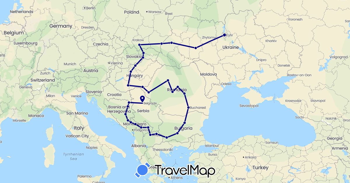 TravelMap itinerary: driving in Bosnia and Herzegovina, Bulgaria, Hungary, Montenegro, Macedonia, Poland, Romania, Serbia, Slovakia, Ukraine, Kosovo (Europe)