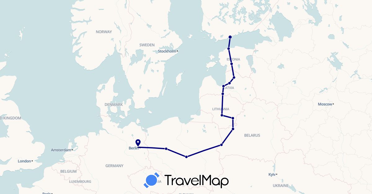 TravelMap itinerary: driving in Belarus, Germany, Estonia, Finland, Lithuania, Latvia, Poland (Europe)