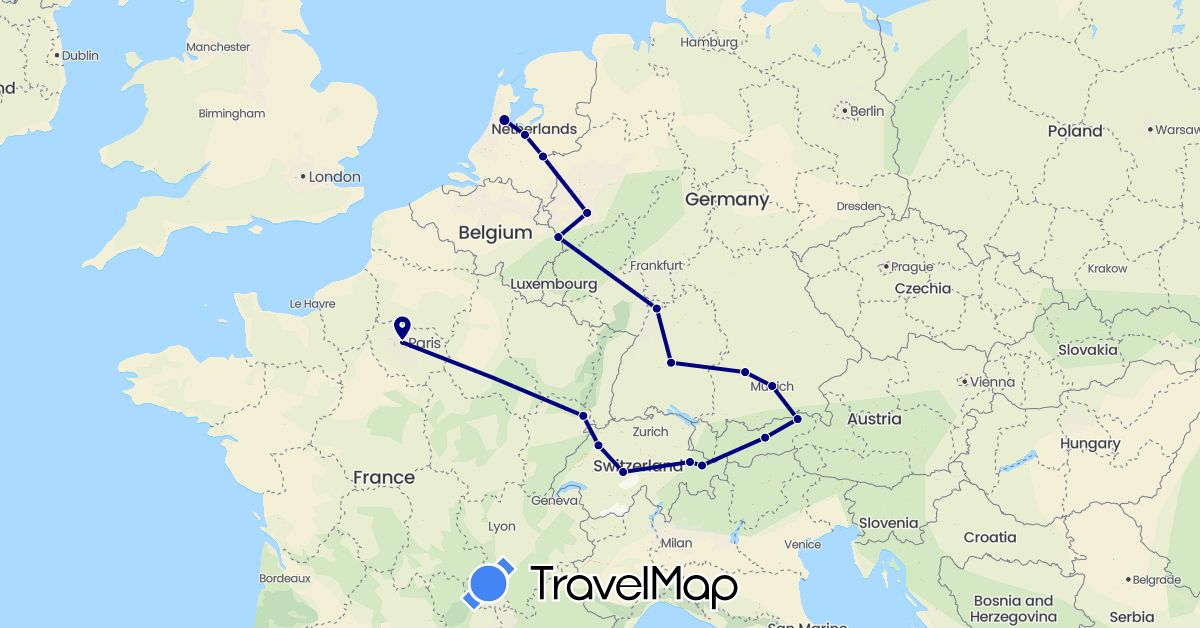 TravelMap itinerary: driving in Austria, Switzerland, Germany, France, Netherlands (Europe)