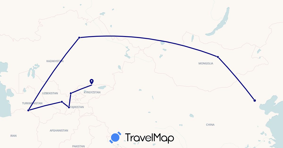 TravelMap itinerary: driving in China, Kyrgyzstan, Kazakhstan, Mongolia, Tajikistan, Turkmenistan, Uzbekistan (Asia)